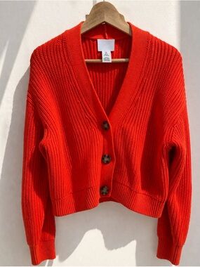 H&M Chunky Knit Cropped Cardigan Bright Red Size S